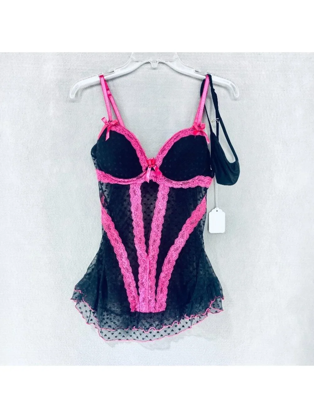 Womens Babydoll Lingerie Set Small Pink Black Lace Cut Out Front Bra Top 90s y2k